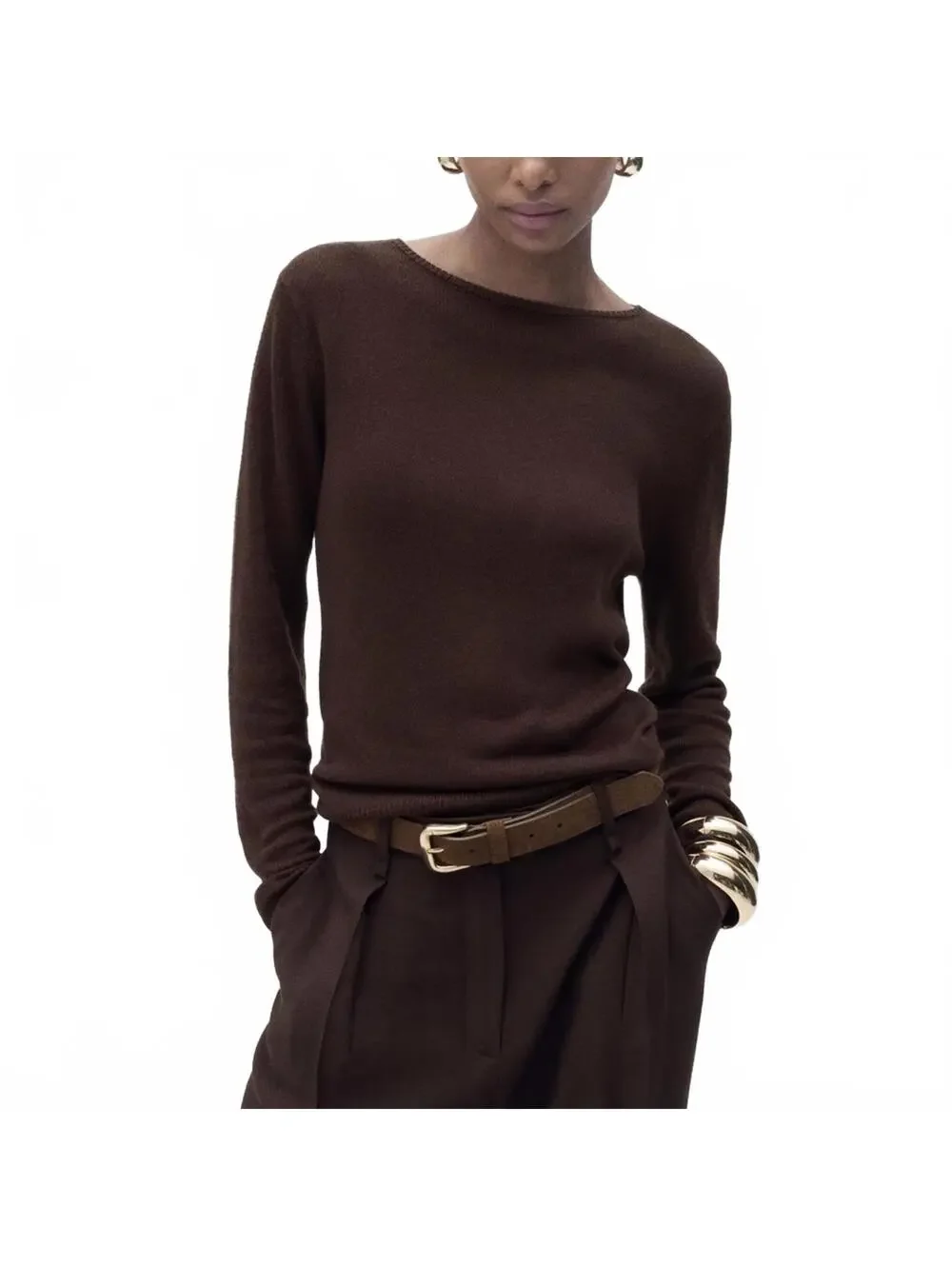 Mango Linen-Blend Boat-Neck Sweater NWT Rosa Chocolate Small - Picture 3 of 8